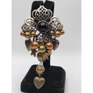 Vintage Dangle Brooch Mixed Metal Hearts Stars Black Cabochon